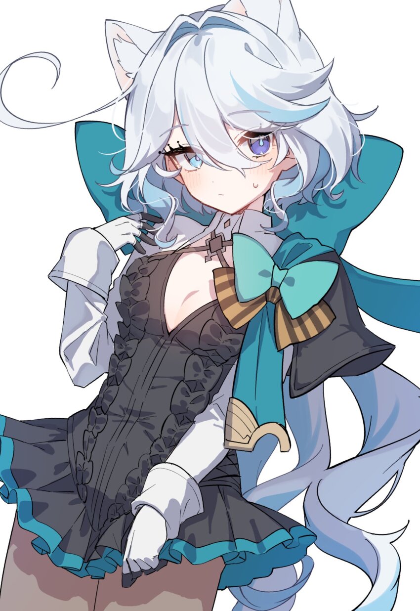 1girl, ahoge, animal_ear_fluff, animal_ears, black_leotard, black_skirt, blue_eyes, blue_hair