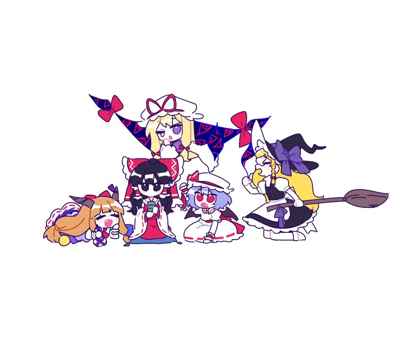 5girls, back_bow, bat_wings, black_hair, black_headwear, black_skirt, black_vest, blonde_hair