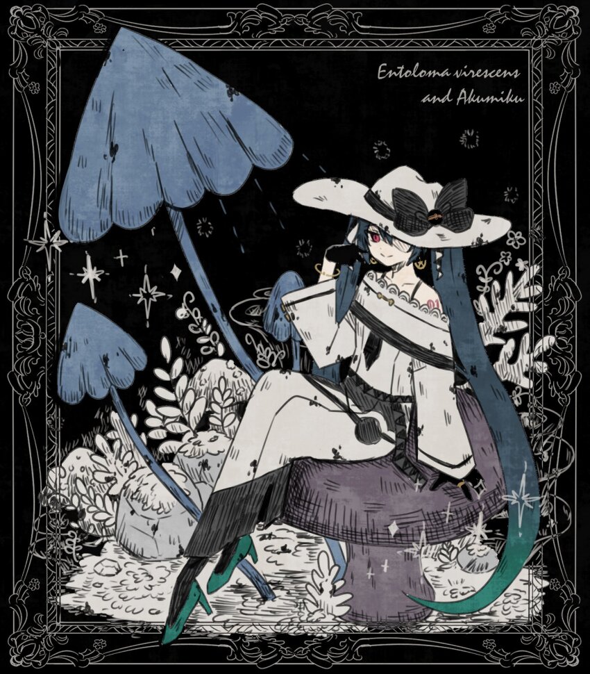 1girl, black_bow, black_gloves, bow, dark_miku_(project_voltage), earrings, giant_mushroom, gloves, green_footwear, green_hair, hat, hat_bow, hatsune_miku, high_heels, highres, jewelry, kuiruri, long_skirt, long_sleeves, looking_at_viewer, mushroom, nintendo, off_shoulder, on_mushroom, one_eye_covered, pokemon, project_voltage, red_eyes, sitting_on_mushroom, skirt, smile, twintails, uneven_twintails, vocaloid