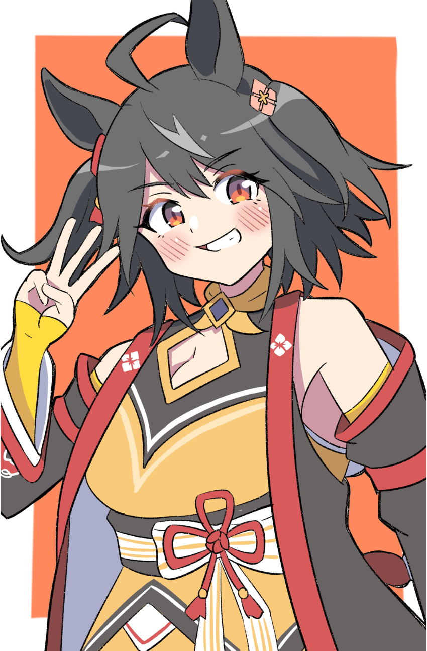 1girl, ahoge, animal_ears, aoi_tenjiku, bare_shoulders, black_hair, blush, border