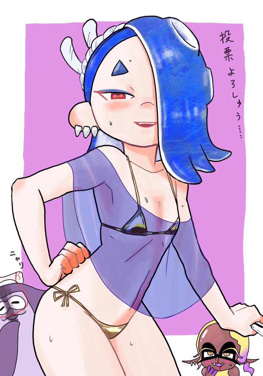 1boy, 2girls, big_man_(splatoon), bikini, blood, blush, capelet, dark-skinned_female, dark_skin, ear_piercing, folding_fan, frye_(splatoon), gold_bikini, hair_over_one_eye, hand_fan, highres, inkling, japanese_text, looking_at_another, looking_at_viewer, multiple_girls, naito_gambo, nintendo, nosebleed, octoling, open_mouth, paper_fan, piercing, pink_background, red_eyes, shiver_(splatoon), side-tie_bikini_bottom, splatoon_(series), splatoon_3, sweat, swimsuit, tentacle_hair