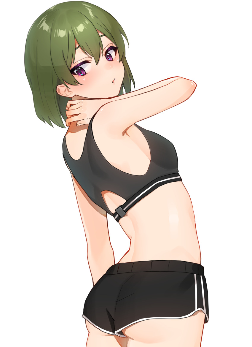 1girl, absurdres, ass, black_shorts, black_sports_bra, blush, breasts, dolphin_shorts, green_hair, hand_on_own_neck, highres, idolmaster, idolmaster_million_live!, looking_back, nagayoshi_subaru, red_eyes, short_hair, shorts, simple_background, small_breasts, solo, sports_bra, tutimaru0730, underbutt, white_background