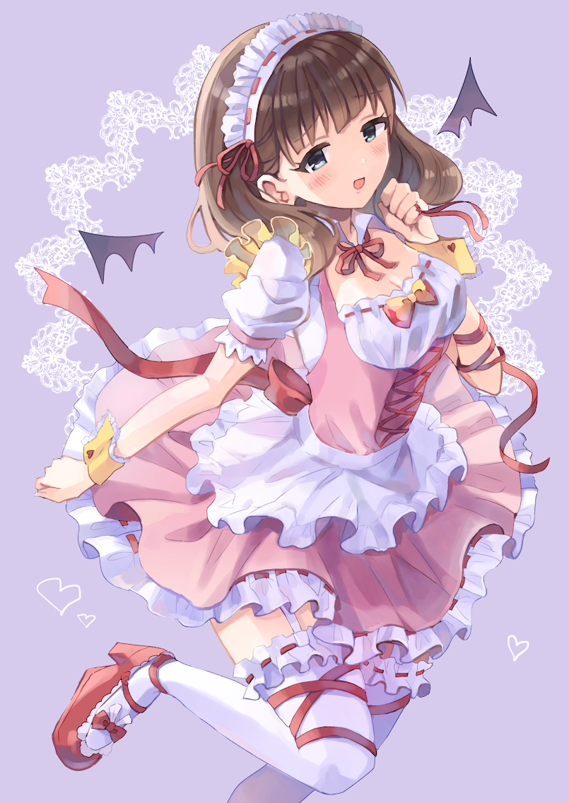 1girl, apron, bat_wings, blue_eyes, blurry, blush, bow, breasts