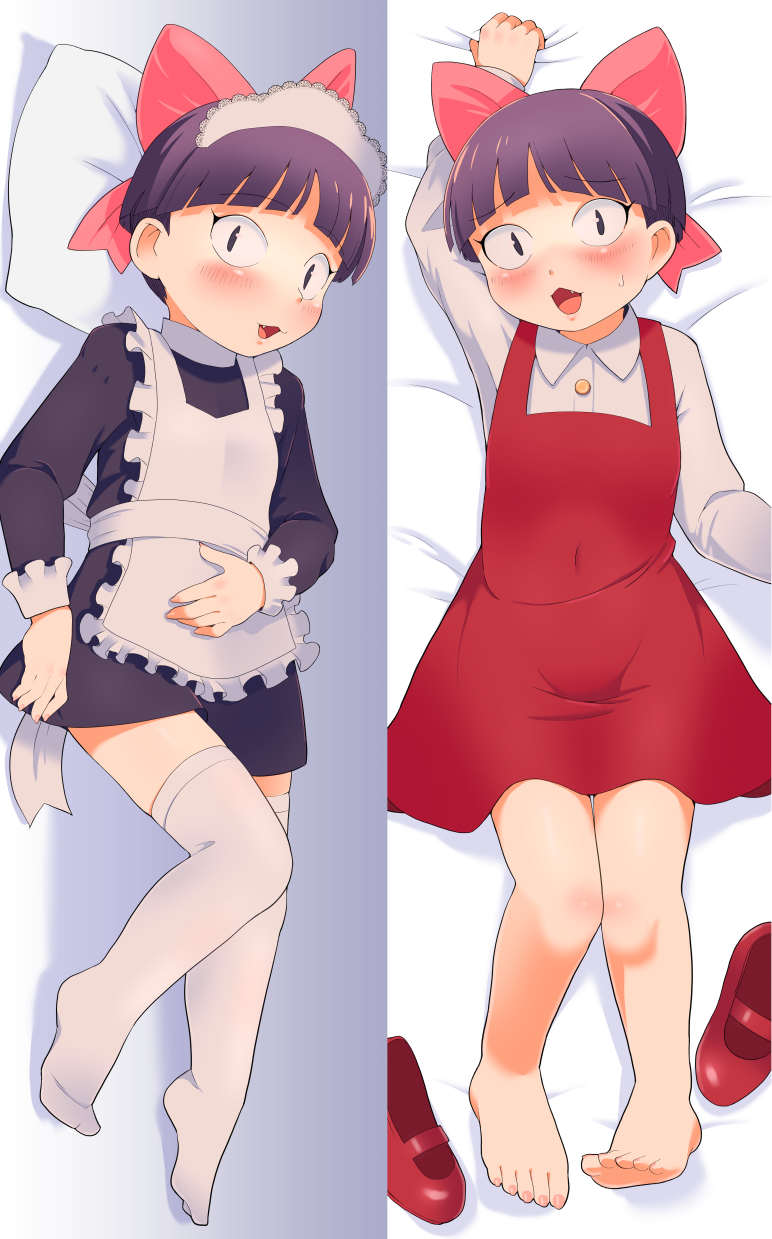 1girl, alternate_costume, apron, barefoot, black_dress, blunt_bangs, blush, bow