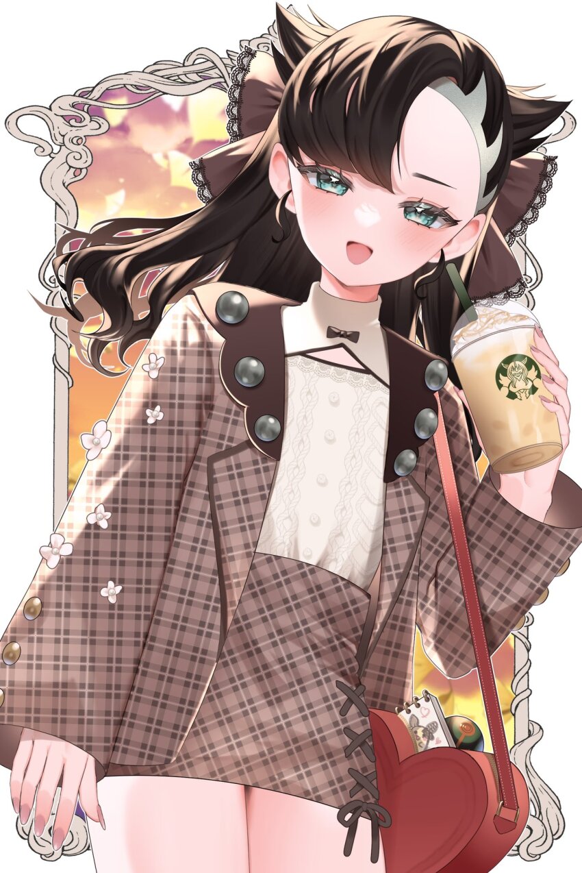 1girl, :d, alternate_costume, asymmetrical_bangs, azuki_anko, bag, black_hair, brand_name_imitation