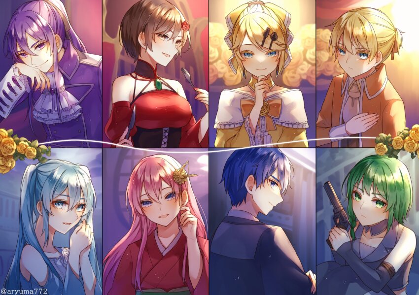 3boys, 5girls, aku_no_meshitsukai_(vocaloid), aku_no_musume_(vocaloid), akujiki_musume_conchita_(vocaloid), akutoku_no_judgement_(vocaloid), allen_avadonia, aqua_eyes