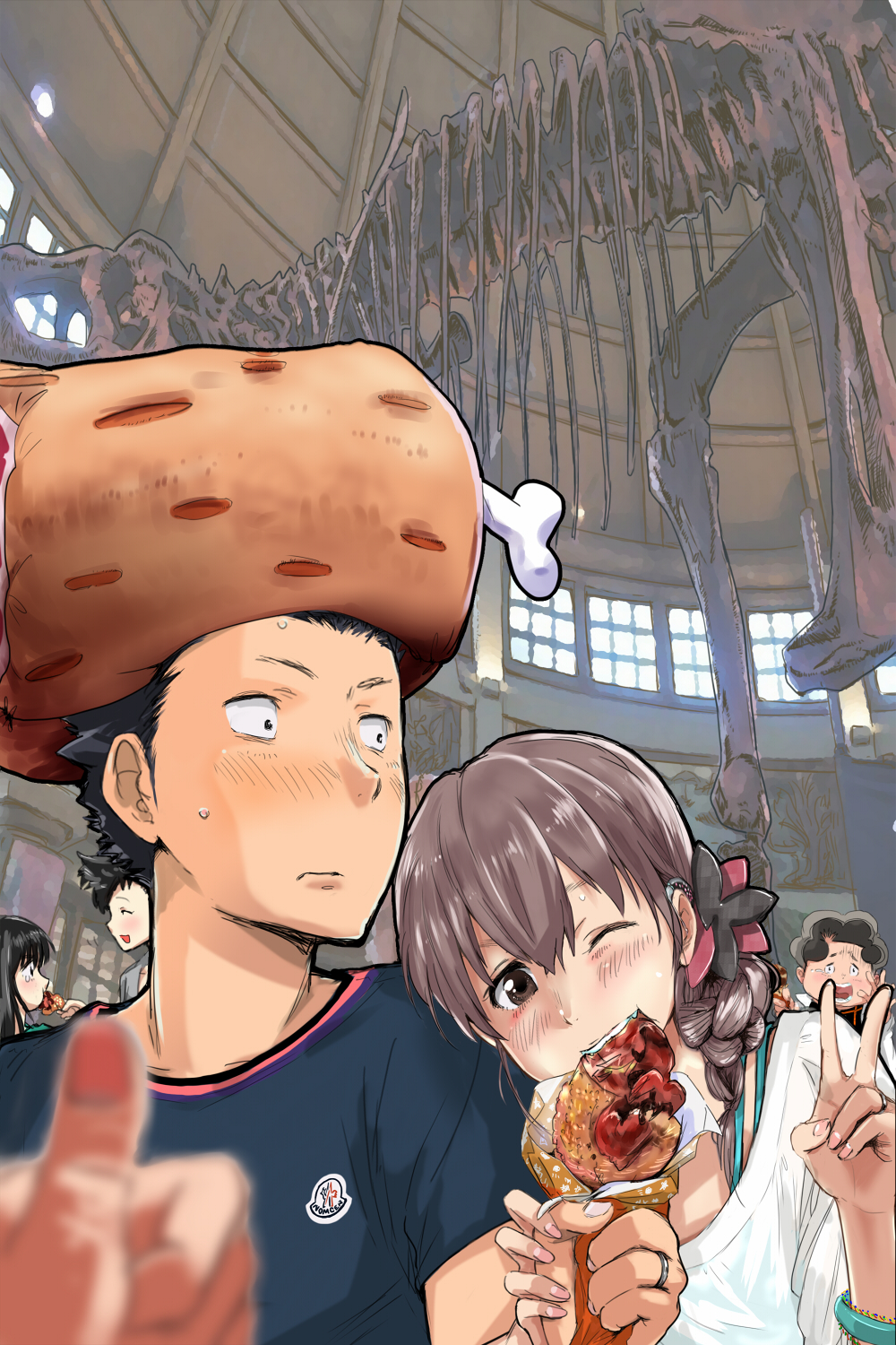 2boys, 4girls, black_eyes, black_hair, black_shirt, blurry, blurry_foreground, blush