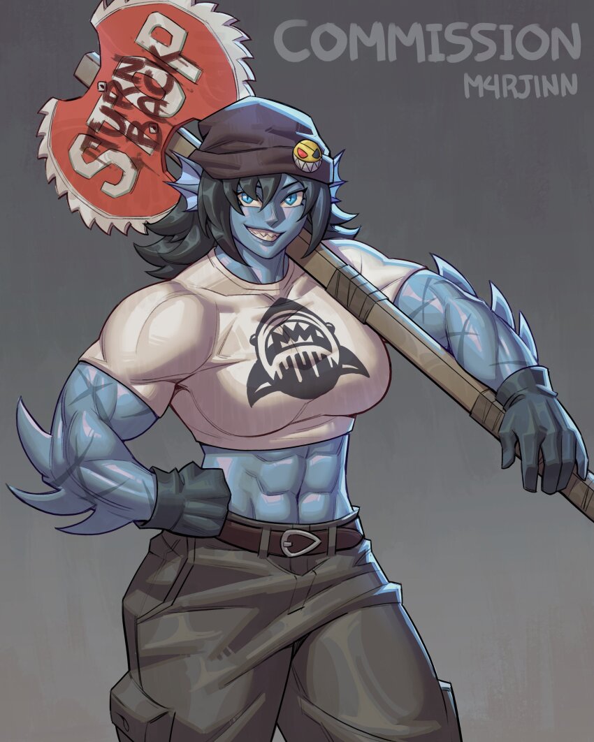 1girl, abs, absurdres, artist_name, axe, beanie, belt, black_hair, black_hat, blue_eyes, blue_skin, brown_belt, colored_skin, crop_top, cropped_shirt, dark_blue_gloves, english_text, fins, grey_pants, hat, head_fins, highres, holding, holding_axe, looking_at_viewer, m4rjinn, midriff, muscular, muscular_female, original, over_shoulder, pants, print_shirt, road_sign, shark_print, shirt, short_sleeves, sign, solo, stop_sign, watermark, weapon, weapon_over_shoulder, white_shirt