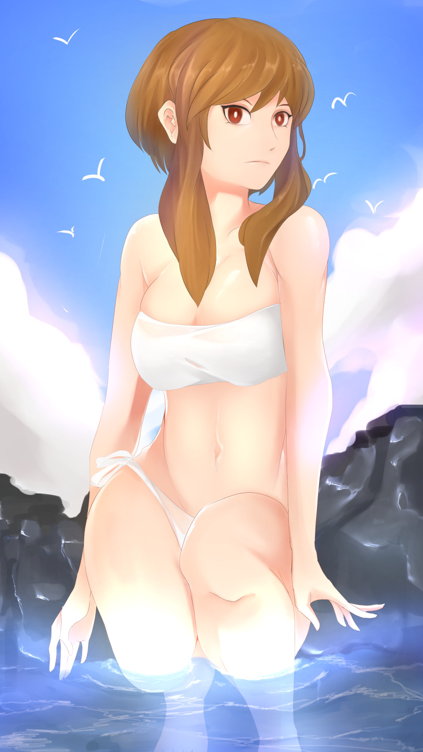 1girl, absurdres, bikini, biru_saeika, breasts, brown_eyes, brown_hair, cleavage