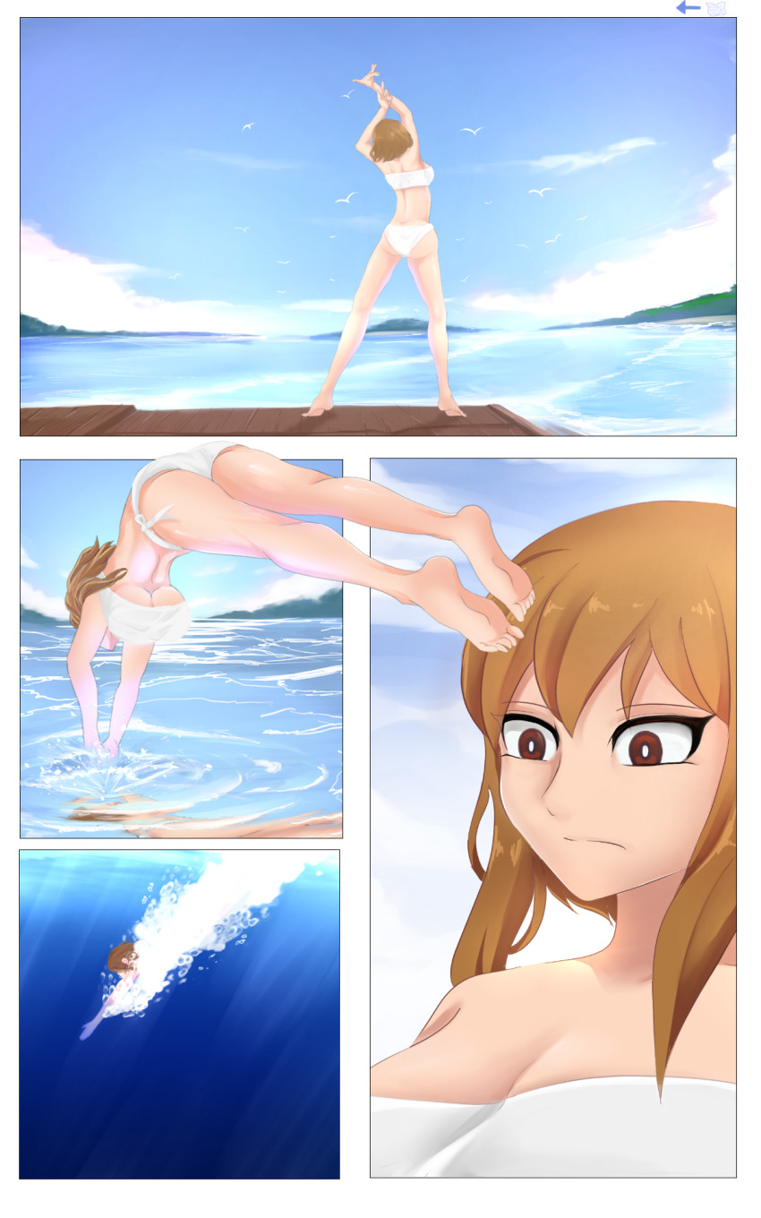 1girl, air_bubble, ass, bikini, biru_saeika, breasts, brown_eyes, brown_hair