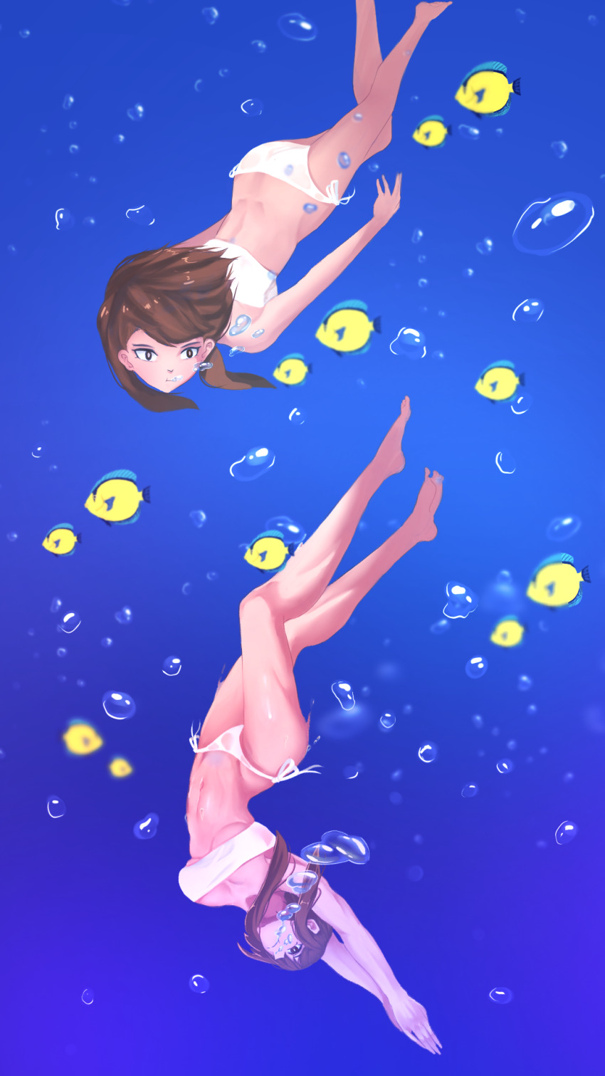 1girl, air_bubble, ass, barefoot, bikini, biru_saeika, breasts, brown_eyes