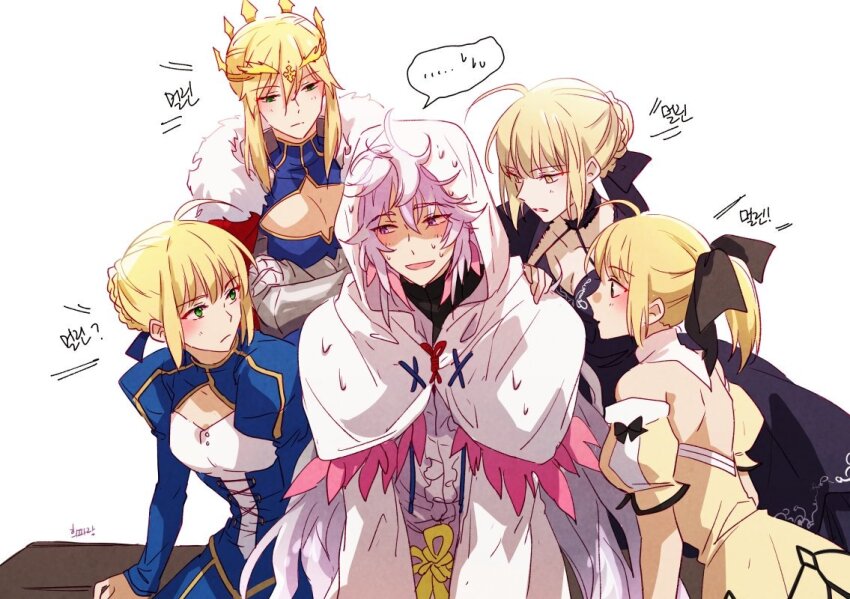 1boy, 4girls, ahoge, artoria_pendragon_(fate), artoria_pendragon_(lancer)_(fate), black_dress, black_ribbon, blonde_hair, blue_dress, blue_ribbon, blush, braid, cape, crossed_arms, crown, dress, fate/grand_order, fate_(series), fur-trimmed_cape, fur_trim, hair_ribbon, heeparang, hood, hood_up, juliet_sleeves, korean_text, light_blush, long_hair, long_sleeves, looking_at_another, merlin_(fate), multiple_girls, nervous_sweating, off-shoulder_dress, off_shoulder, parted_lips, pink_hair, ponytail, puffy_sleeves, purple_eyes, ribbon, robe, saber_(fate), saber_alter, saber_alter_(third_ascension), saber_lily, sidelocks, simple_background, sweat, white_background, white_robe, yellow_dress, yellow_eyes