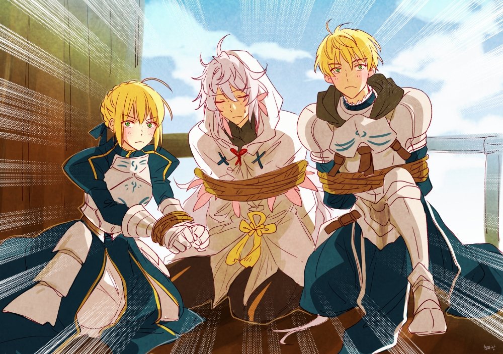 1girl, 2boys, ahoge, armor, armored_dress, arthur_pendragon_(fate), artoria_pendragon_(fate), blonde_hair