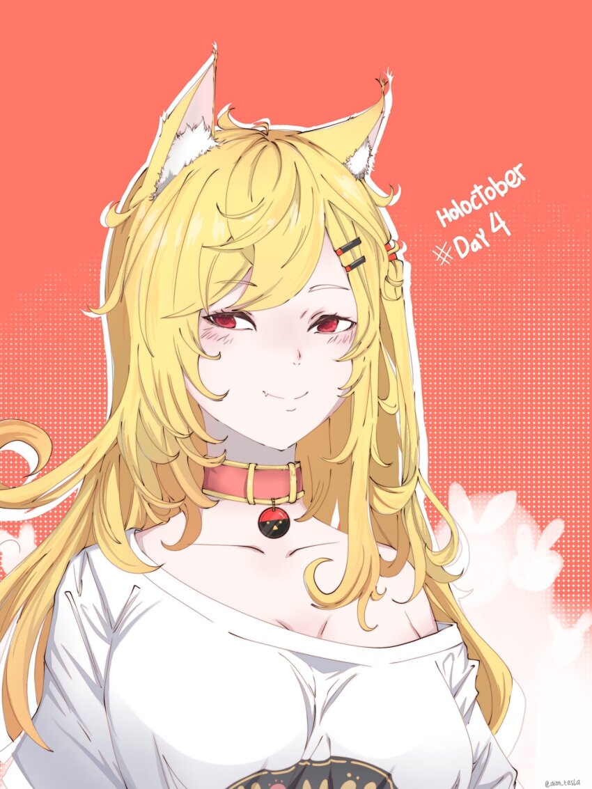1girl, aion_tesla, animal_ear_fluff, animal_ears, blonde_hair, collar, fang, hair_ornament, hairclip, highres, hololive, hololive_indonesia, kaela_kovalskia, looking_at_viewer, off_shoulder, red_eyes, shirt, simple_background, skin_fang, smile, solo, t-shirt, upper_body, virtual_youtuber, white_shirt