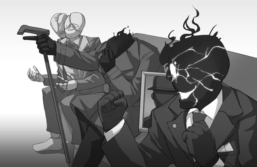 3boys, 3girls, bald, black_suit, black_suit_(blue_archive), blue_archive, bow, bowtie, couch, dress_shirt, formal_clothes, golconda_&amp;_decalcomania_(blue_archive), highres, index_finger_raised, jokebag, maestro_(blue_archive), monochrome, multiple_boys, multiple_girls, necktie, open_mouth, parody, reaction_guys, shirt, sitting, suit, twitter, white_shirt