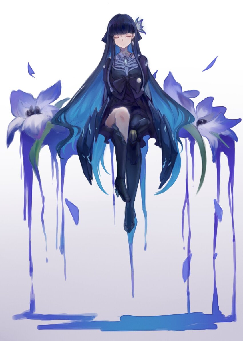 1girl, arms_behind_back, black_boots, black_dress, black_hair, blue_hair, boots, closed_eyes