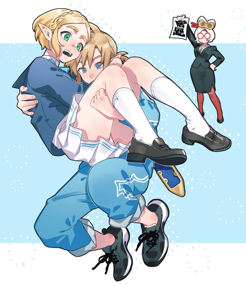 1boy, 2girls, black_dress, black_footwear, blonde_hair, blue_background, blue_eyes, blue_shirt