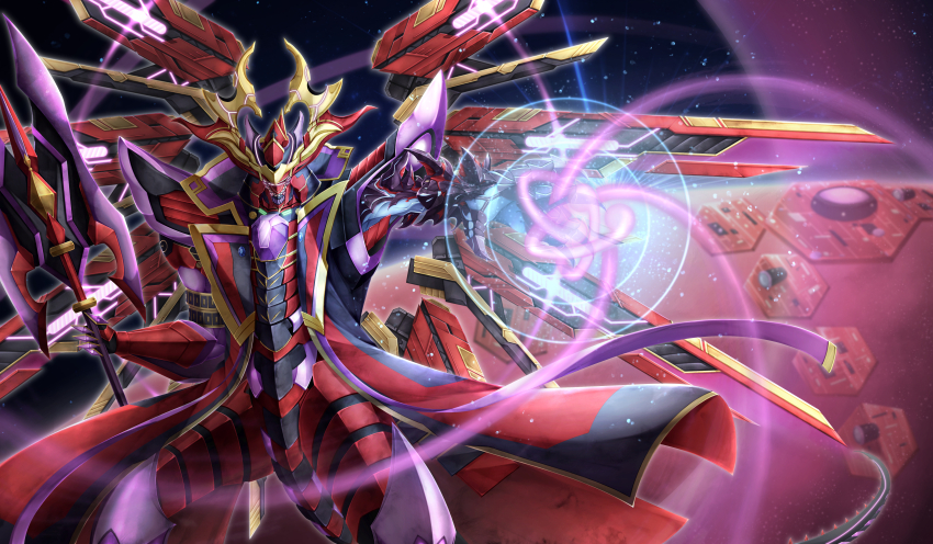 1boy, absurdres, armor, chichukai-fu_mizuki, clawed_gauntlets, duel_monster, energy, fake_horns, helmet, highres, holding, holding_sword, holding_weapon, horned_helmet, horns, japanese_armor, kabuto_(helmet), kashtira_arise-heart, shikoro, space, sword, weapon, yu-gi-oh!