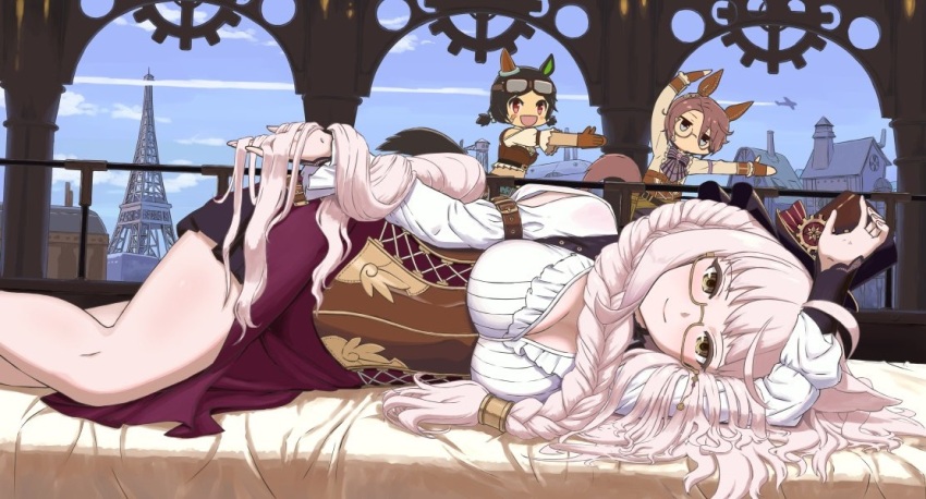 3girls, ahoge, animal_ears, arm_belt, biwa_hayahide_(uchronia_architect)_(umamusume), biwa_hayahide_(umamusume), black_hair, breasts