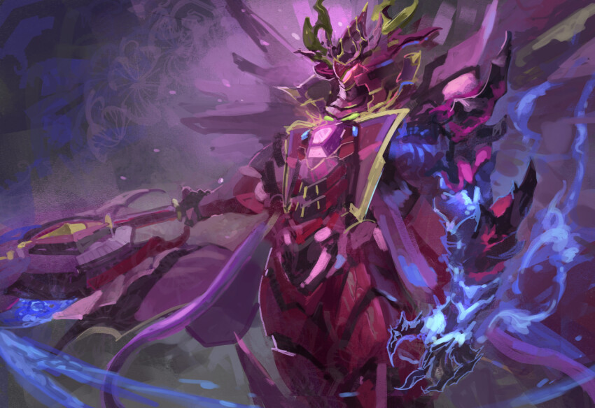 1boy, armor, duel_monster, energy, helmet, holding, holding_sword, holding_weapon