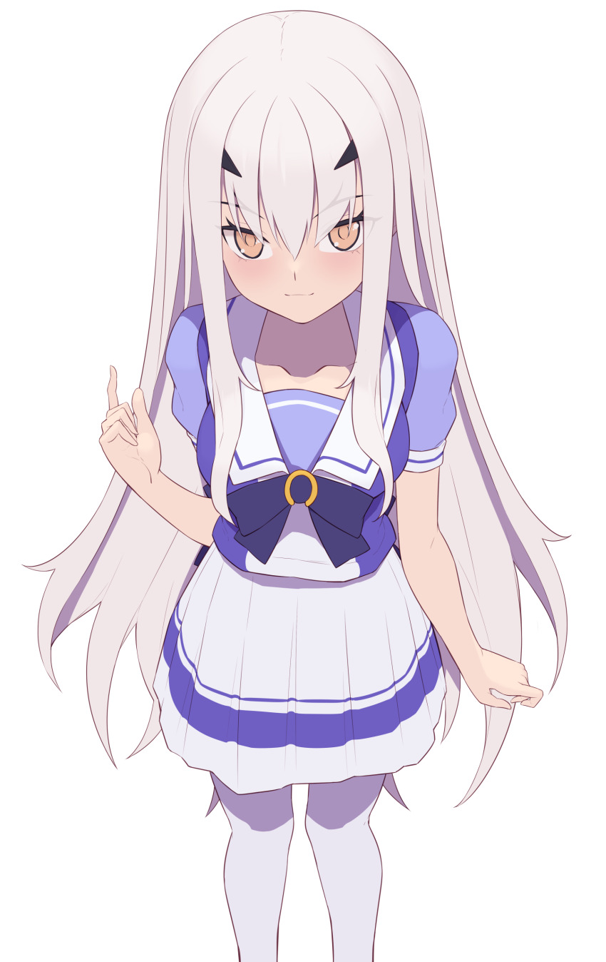 1girl, absurdres, blue_bow, bow, bowtie, breasts, commentary, fate/grand_order, fate_(series), forked_eyebrows, highres, index_finger_raised, jilu, kouno_marika, long_hair, looking_at_viewer, melusine_(fate), pantyhose, pleated_skirt, puffy_short_sleeves, puffy_sleeves, sailor_collar, school_uniform, short_sleeves, sidelocks, skirt, small_breasts, solo, thighs, tracen_school_uniform, umamusume, voice_actor_connection, white_hair, white_pantyhose, white_sailor_collar, white_skirt, yellow_eyes