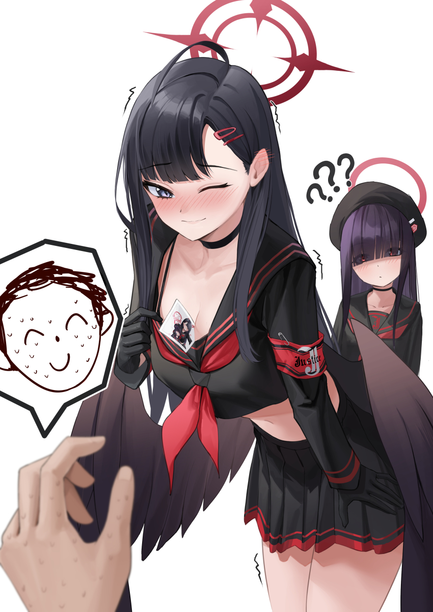 1boy, 2girls, absurdres, armband, beret, black_choker, black_headwear, black_sailor_collar