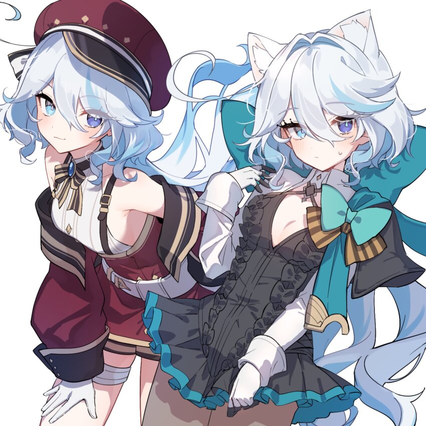 1girl, ahoge, animal_ear_fluff, animal_ears, bare_shoulders, belt, black_leotard, black_skirt, blue_eyes, blue_gem, blue_hair, blush, bow, breasts, brown_belt, newsboy_cap, cat_ears, charlotte_(genshin_impact), charlotte_(genshin_impact)_(cosplay), cleavage, closed_mouth, commentary_request, cosplay, cowboy_shot, detached_sleeves, dutch_angle, eyelashes, eyes_visible_through_hair, furina_(genshin_impact), gem, genshin_impact, gloves, gold_trim, hair_between_eyes, hair_ornament, hair_over_one_eye, hat, highres, jewelry, cross-laced_sleeves, leotard, long_hair, long_sleeves, looking_at_viewer, lynette_(genshin_impact), lynette_(genshin_impact)_(cosplay), medium_hair, miniskirt, mochizuki_mochi, multicolored_hair, puffy_detached_sleeves, puffy_sleeves, red_hat, red_sleeves, shirt, simple_background, skirt, small_breasts, smile, solo, standing, streaked_hair, two-tone_hair, white_background, white_gloves, white_hair, white_trim