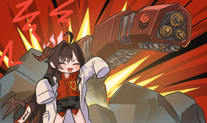 1girl, ahoge, armored_core, armored_core_vi:_fires_of_rubicon, black_hair, blue_archive, coat, crossover