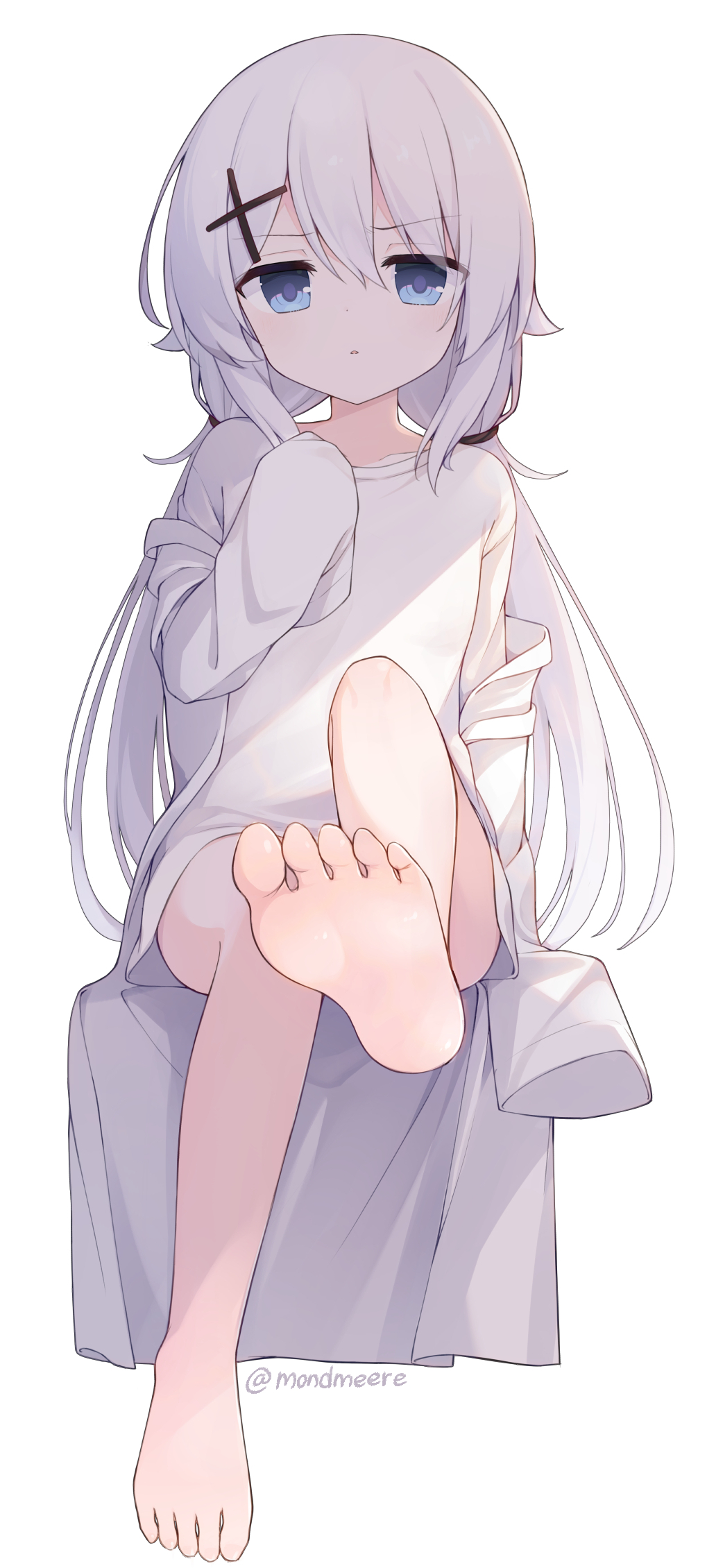1girl, artist_name, barefoot, blue_eyes, coat, commentary, feet, full_body