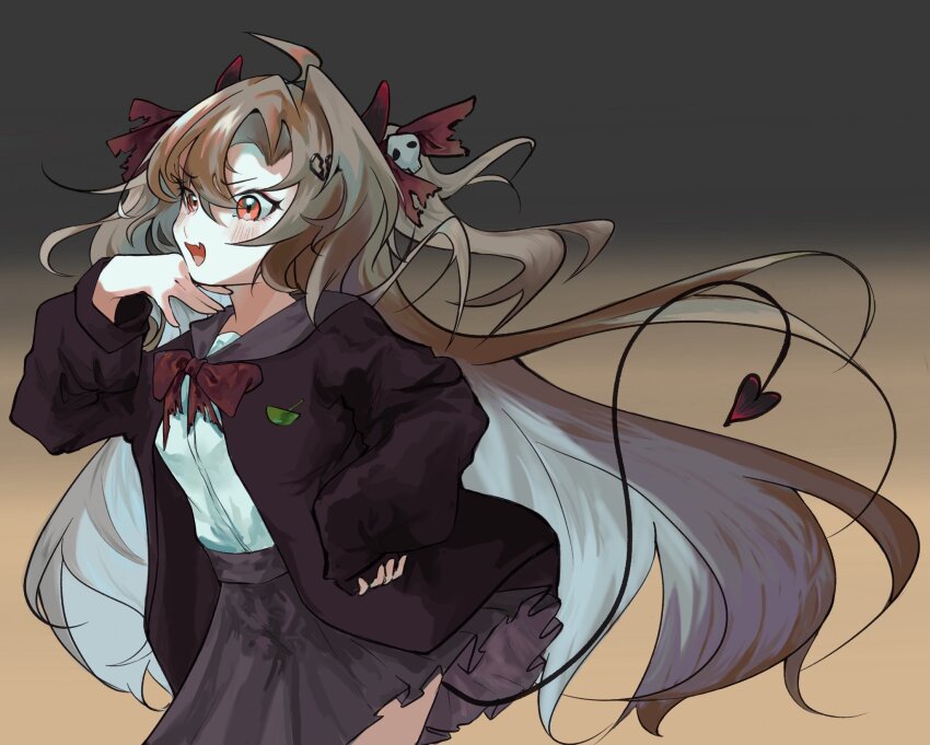 1girl, ahoge, badge, black_cardigan, black_sailor_collar, black_skirt, bow, bowtie