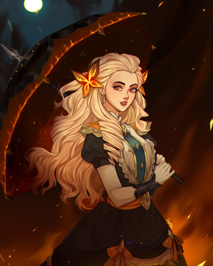 1girl, black_dress, blonde_hair, butterfly_hair_ornament, dress, dress_shirt, earrings, embers