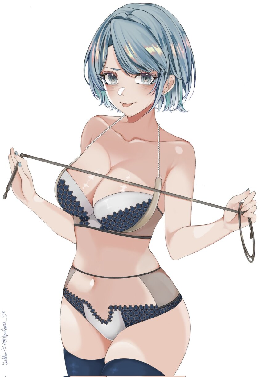 1girl, :p, ace_attorney, apolonia_07, blue_eyes, blue_hair, blue_thighhighs, blush, bra, corrupted_twitter_file, earrings, franziska_von_karma, highres, holding, holding_whip, jewelry, lingerie, mole, mole_under_eye, panties, skindentation, solo, thighhighs, tongue, tongue_out, twitter_username, underwear, underwear_only
