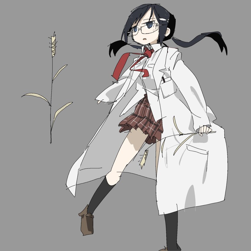 1girl, black_eyes, black_hair, black_socks, breast_pocket, brown_shoes, coat, collared_shirt