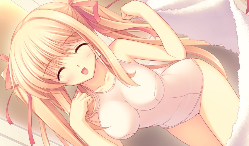 1girl, blonde_hair, breasts, closed_eyes, female_focus, himukai_kyousuke, lieselotte_schreiber, long_hair, one-piece_swimsuit, open_mouth, owari_naki_natsu_towa_naru_shirabe, ribbon, school_swimsuit, solo, swimsuit, towel, twintails, white_one-piece_swimsuit, white_school_swimsuit