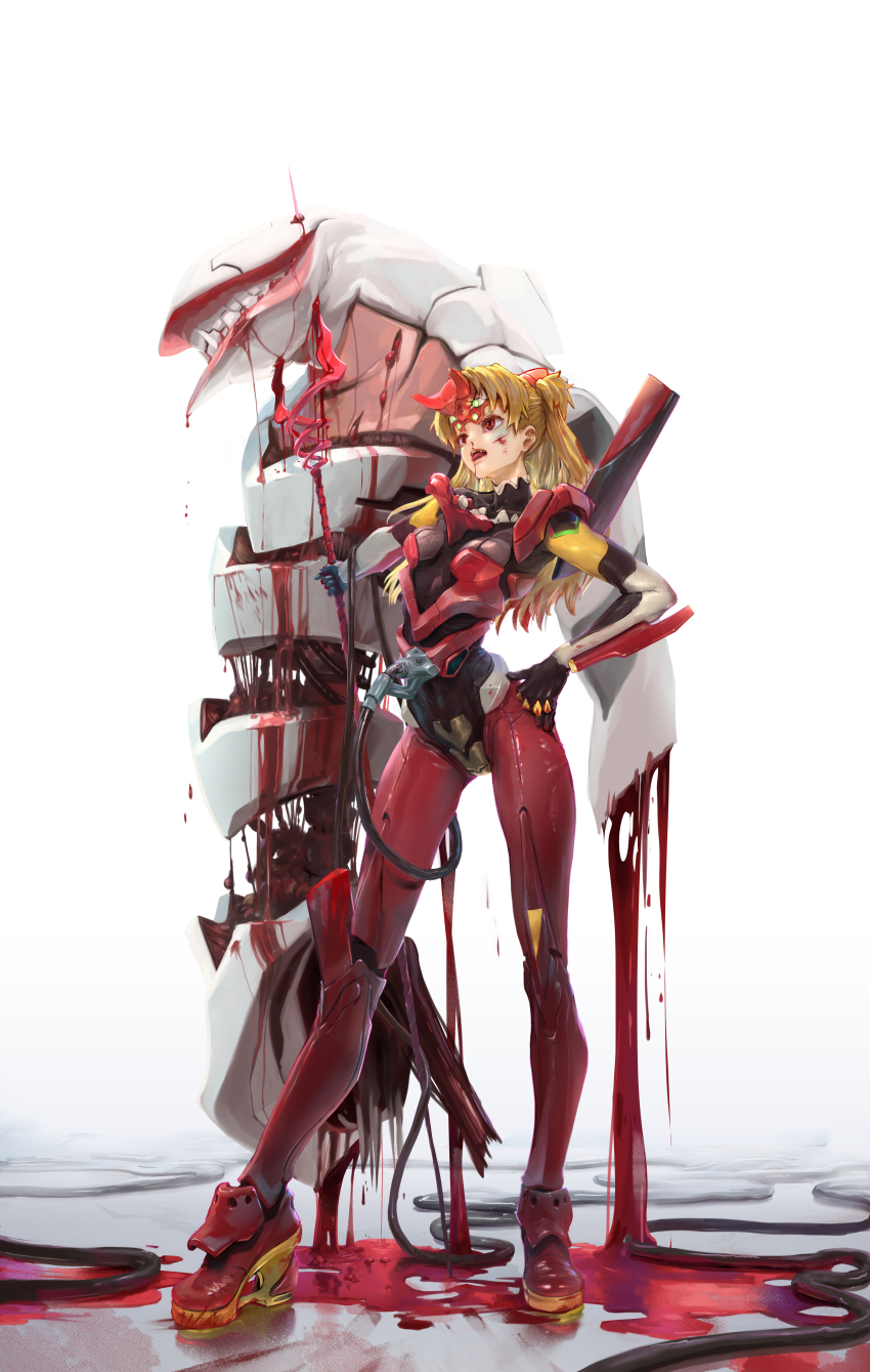1girl, absurdres, blonde_hair, blood, blood_in_hair, blood_on_face, bodysuit, breasts