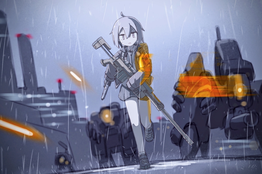 1girl, 3others, ahoge, ankle_socks, battlefield_(series), battlefield_4, blue_theme, bolt_action, cheytac_m200, commentary, cross, dinergate_(girls'_frontline), dutch_angle, english_commentary, girls'_frontline, gun, hair_between_eyes, handgun, highres, holding, holding_weapon, jacket, lens_flare, long_sleeves, looking_at_viewer, m200_(girls'_frontline), manticore_(girls'_frontline), medium_hair, monochrome, multiple_others, necktie, nemeum_(girls'_frontline), open_mouth, player193, pleated_skirt, rain, rifle, running, scope, shirt, shoes, skirt, sniper_rifle, socks, trigger_discipline, weapon