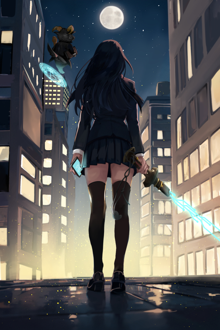 1boy, 1girl, black_hair, black_thighhighs, cellphone, city, from_behind, full_body