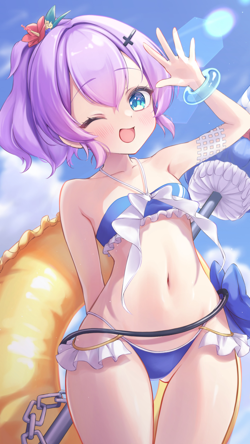 1girl, azur_lane, bikini, blue_bikini, blue_sky, highres, holding_behind_back, holding_weapon_behind_back, innertube, javelin_(azur_lane), javelin_(beach_picnic!)_(azur_lane), regimiruku, sky, swim_ring, swimsuit