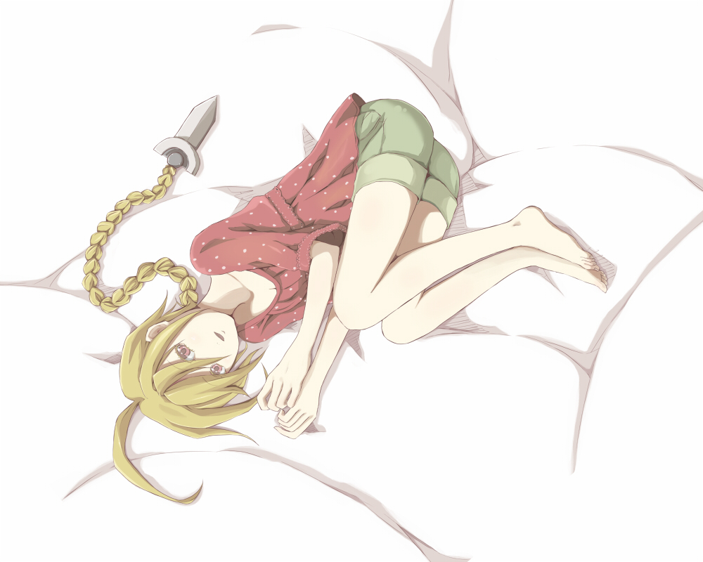 1girl, ahoge, arc_system_works, barefoot, blazblue, blonde_hair, braid, casual