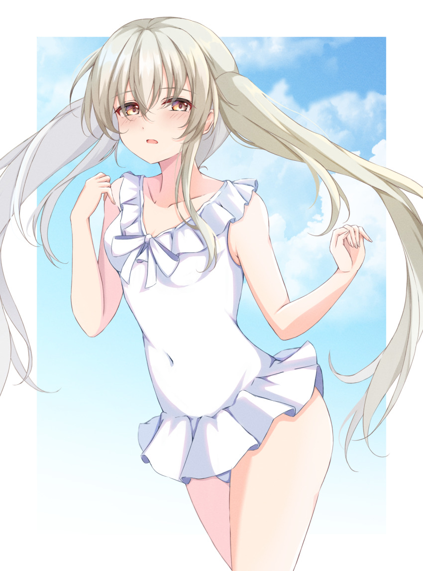 1girl, 7-mzk, alternate_hairstyle, assault_lily, bare_arms, bare_shoulders, blue_sky, blush