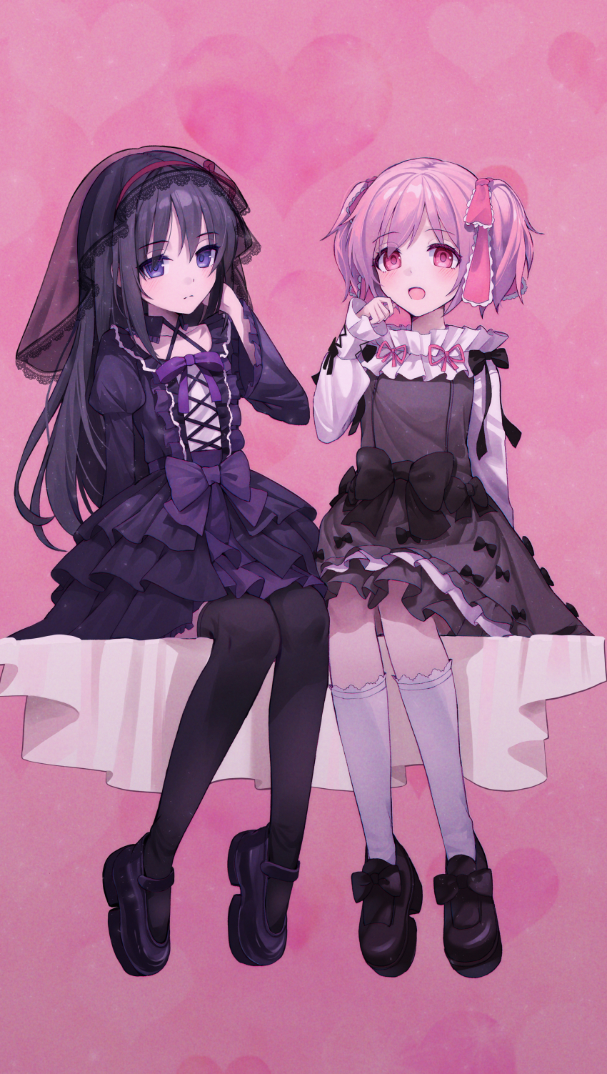 2girls, absurdres, akemi_homura, black_hair, dress, highres, kaname_madoka, long_hair