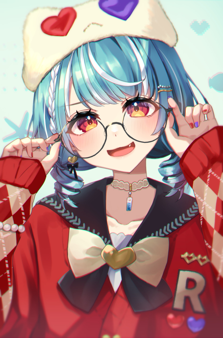 1girl, adjusting_eyewear, black-framed_eyewear, blue_hair, blush, choker, collarbone, earrings, fang, glasses, hair_ornament, hairclip, heart, heart_earrings, highres, jewelry, long_hair, multicolored_hair, open_mouth, reityana, ringlets, round_eyewear, shiranami_ramune, shiranami_ramune_(2nd_costume), short_hair, smile, solo, upper_body, virtual_youtuber, vspo!, white_hair