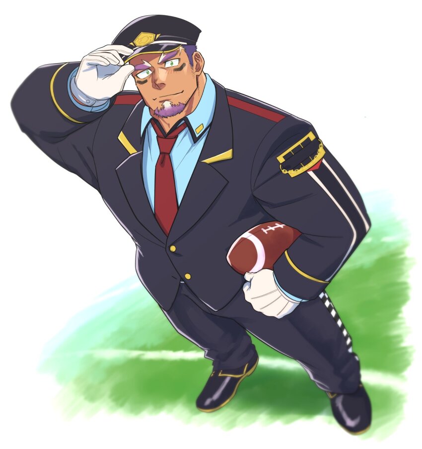 1boy, adjusting_clothes, adjusting_headwear, ball, bara, dark-skinned_male, dark_skin, employee_uniform
