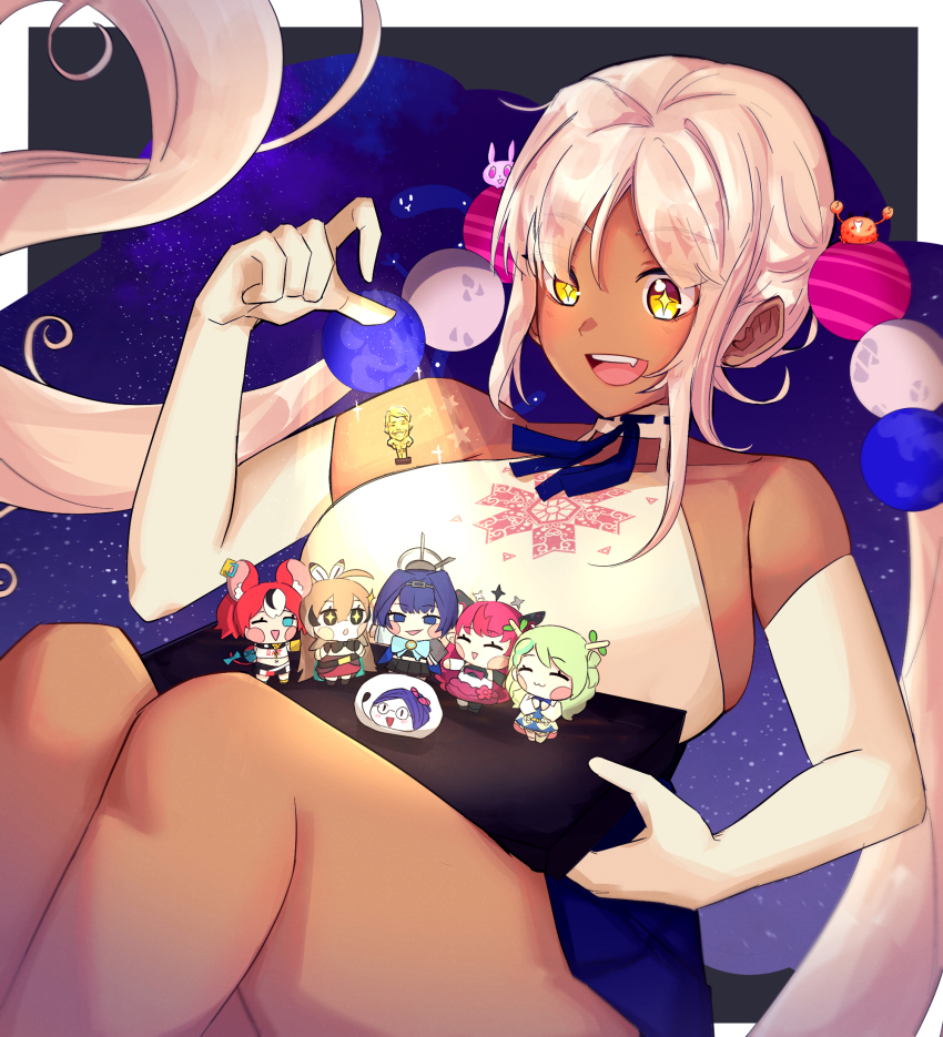 6+girls, a-chan_(hololive), blue_hair, blush_stickers, breasts, brown_hair, ceres_fauna, chibi