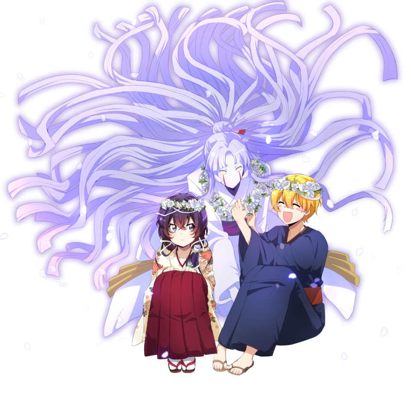 1boy, 2girls, :d, ^_^, blonde_hair, blue_eyes, blue_kimono, blush_stickers