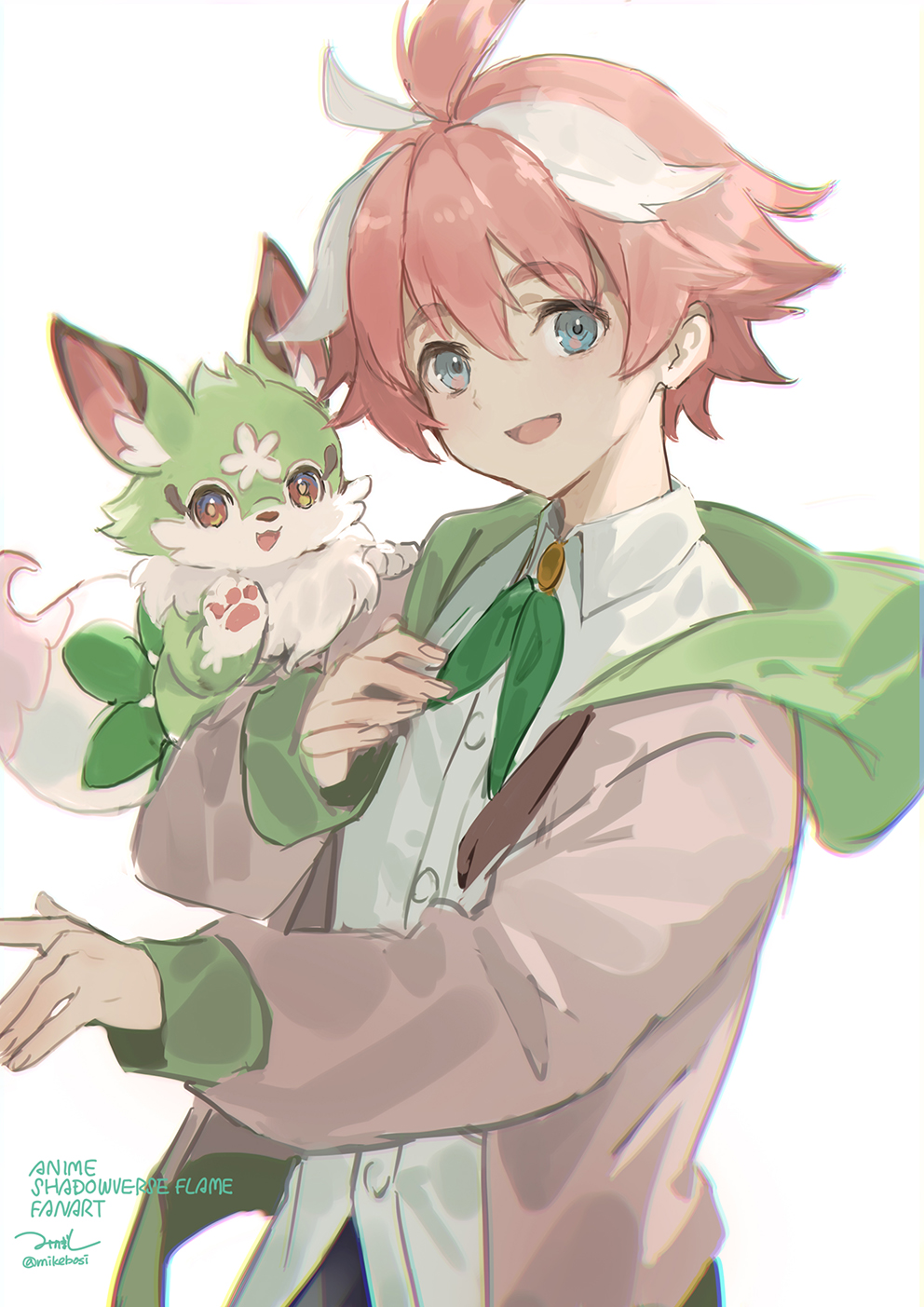 1boy, 1other, animal_ear_fluff, animal_hands, antenna_hair, blue_eyes, bow, bowtie, bright_pupils, buttons, digifriend, english_text, fluffy, green_bow, green_hoodie, hair_between_eyes, hand_on_own_chest, highres, hood, hood_down, hoodie, jacket, male_focus, mikebosi, mitsutagawa_itsuki_(shadowverse_flame), multicolored_hair, nose, open_mouth, orange_eyes, outstretched_arm, pink_hair, pink_jacket, shadowverse, shadowverse_flame, shirt, simple_background, slade_(shadowverse_flame), smile, solo, upper_body, white_background, white_hair, white_shirt, wing_collar, wrinkled_fabric
