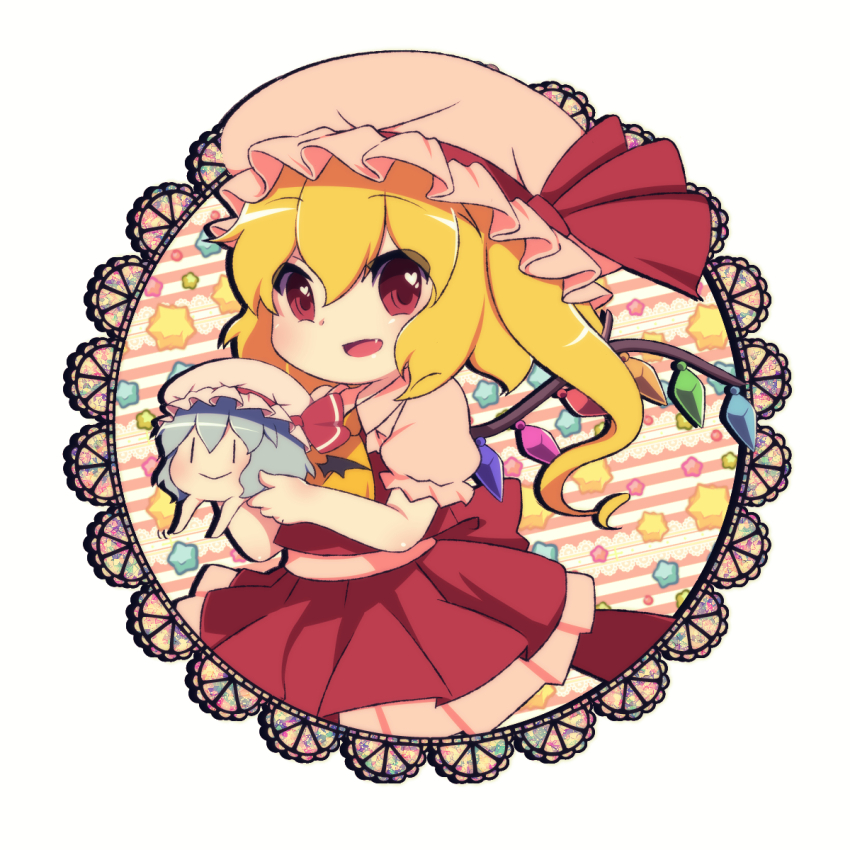 2girls, ascot, bat_wings, blonde_hair, blue_hair, character_doll, closed_mouth, collared_shirt