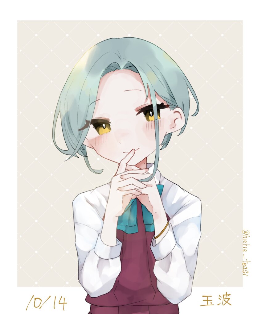 1girl, aqua_bow, aqua_bowtie, bow, bowtie, character_name, dated, dress