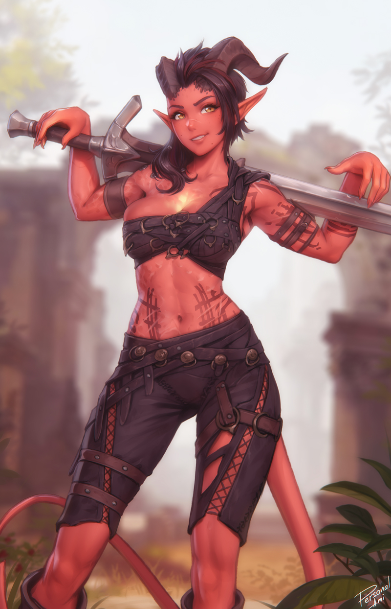 1girl, arm_tattoo, artist_name, baldur's_gate, baldur's_gate_3, belt, black_belt, black_hair, black_pants, blurry, blurry_background, breasts, broken_horn, colored_skin, commentary, day, demon_girl, demon_horns, demon_tail, english_commentary, feet_out_of_frame, fingernails, grin, hair_ornament, highres, horns, karlach, legs_apart, long_hair, looking_at_viewer, medium_breasts, multicolored_hair, muscular, muscular_female, navel, outdoors, pants, personal_ami, pointy_ears, red_hair, red_skin, sharp_fingernails, single_bare_shoulder, smile, solo, stomach, stomach_tattoo, tail, tattoo, teeth, tiefling, weapon_across_shoulders