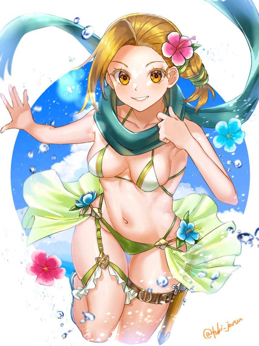 1girl, absurdres, alternate_costume, arm_up, bikini, braid, braided_ponytail, breasts